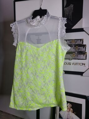 Sheer Lace Neon Yellow & White Sleeveless Top